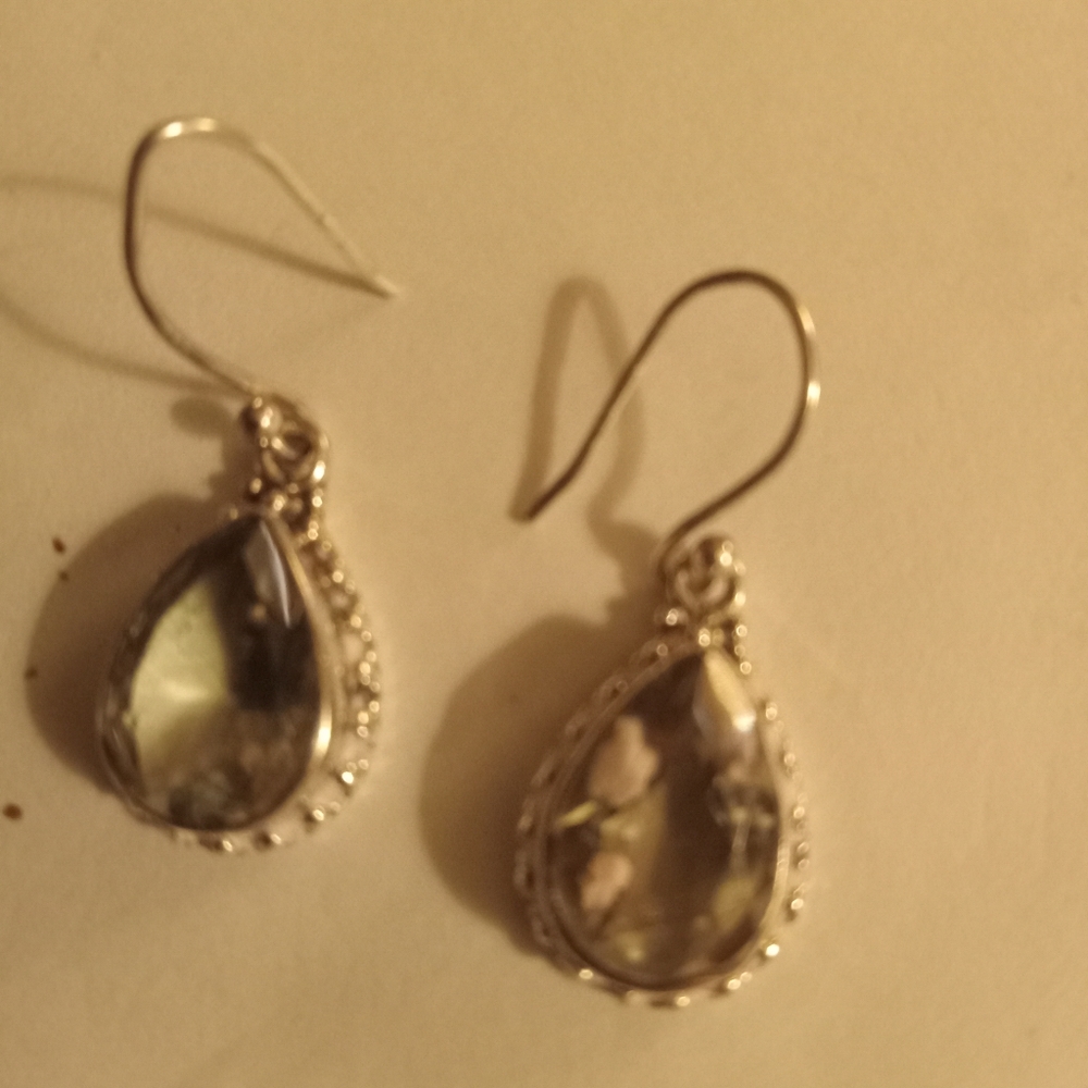 Vintage prssiolite gemstone tear drop sterling silver pierced earrings li stone
